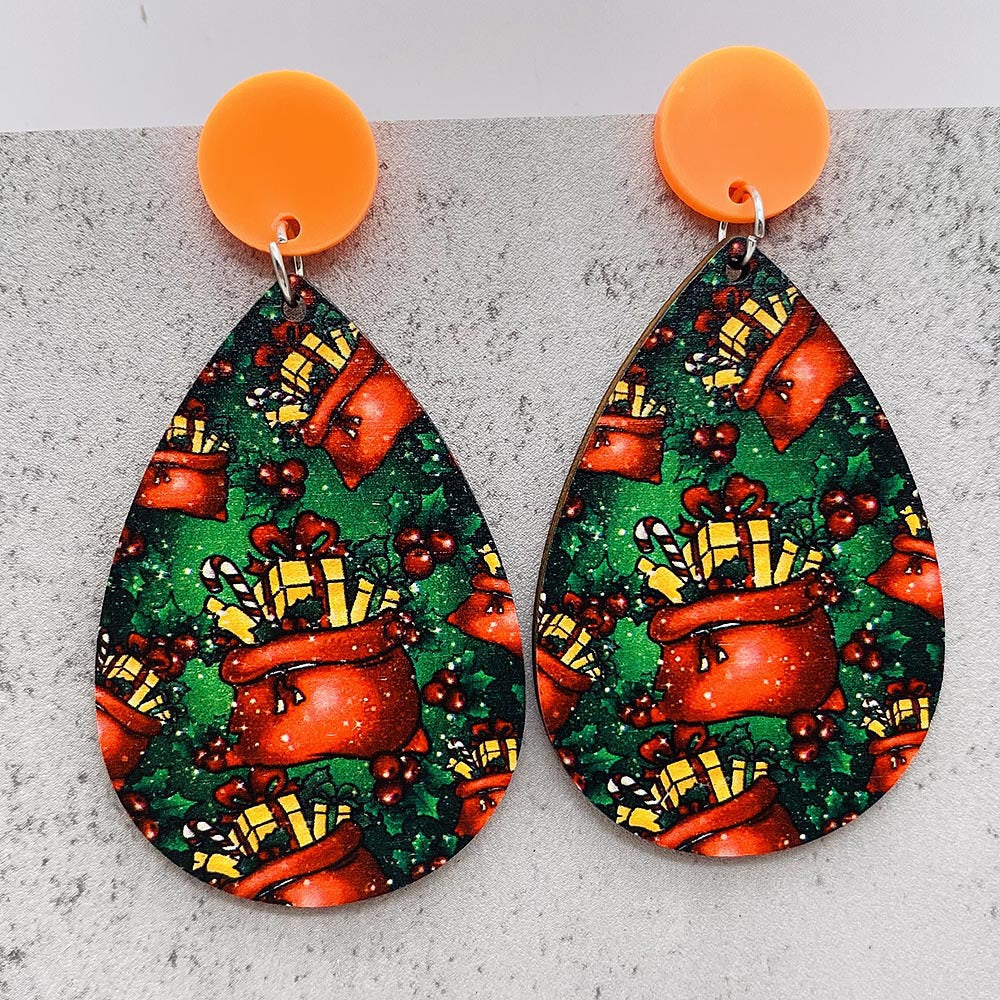 Wholesale Christmas Water Drop Wooden Earrings